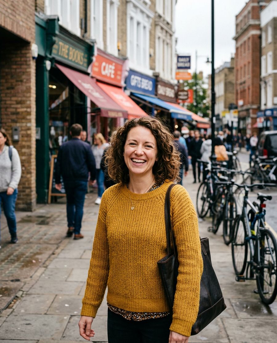Woman in a mustard sweater on a busy street