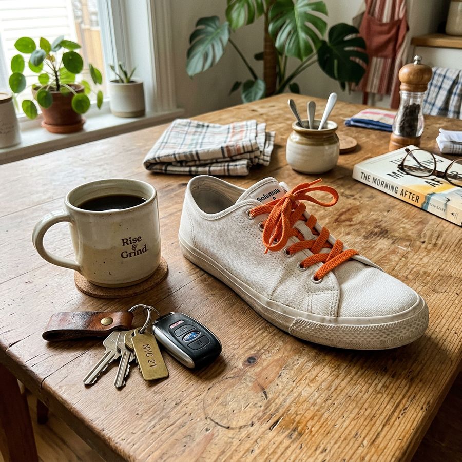 White sneaker with orange laces on a kitchen table